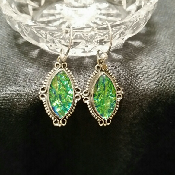 Hand Crafted Jewelry - .925 Silver Green Fire Opal French Hook Earrings